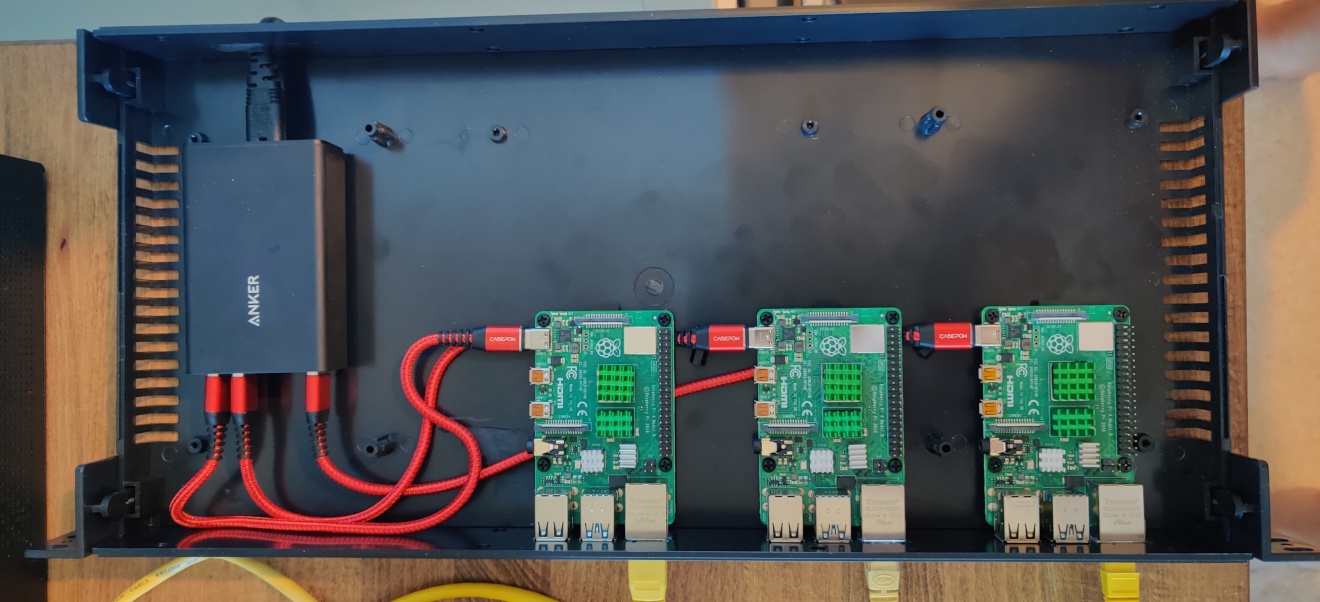 Rack mount 19 inch plastic case with 3 Pi mounted inside